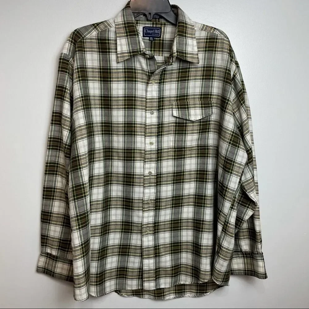Chapel Hill Yellow White Green Plaid Cotton Blend Button Down Shirt size  XL